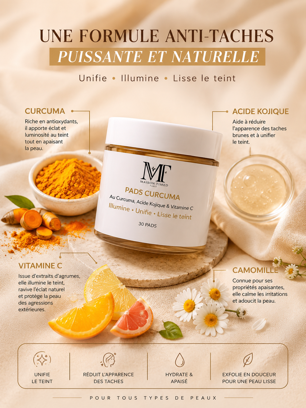 Pads au Curcuma & Acide Kojique – 30 Pads Visage Éclat & Teint Uniforme