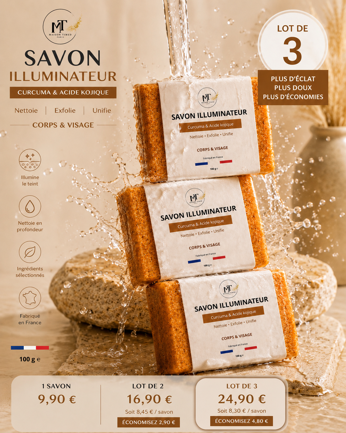 Savon Curcuma Kojic 100g – Anti Taches, Éclaircissant Naturel, Visage & Corps